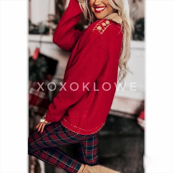 POL Red Button Front Cardigan with Sparkly Gold Trim - Picture 9 of 15